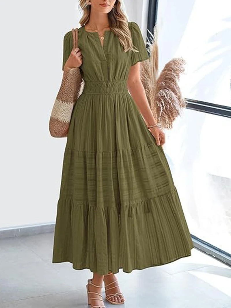 VivaSpring™ Layered Swing Dress – Women's V-Neck, Bubble Sleeves, and Big Swing Design for Effortless Style